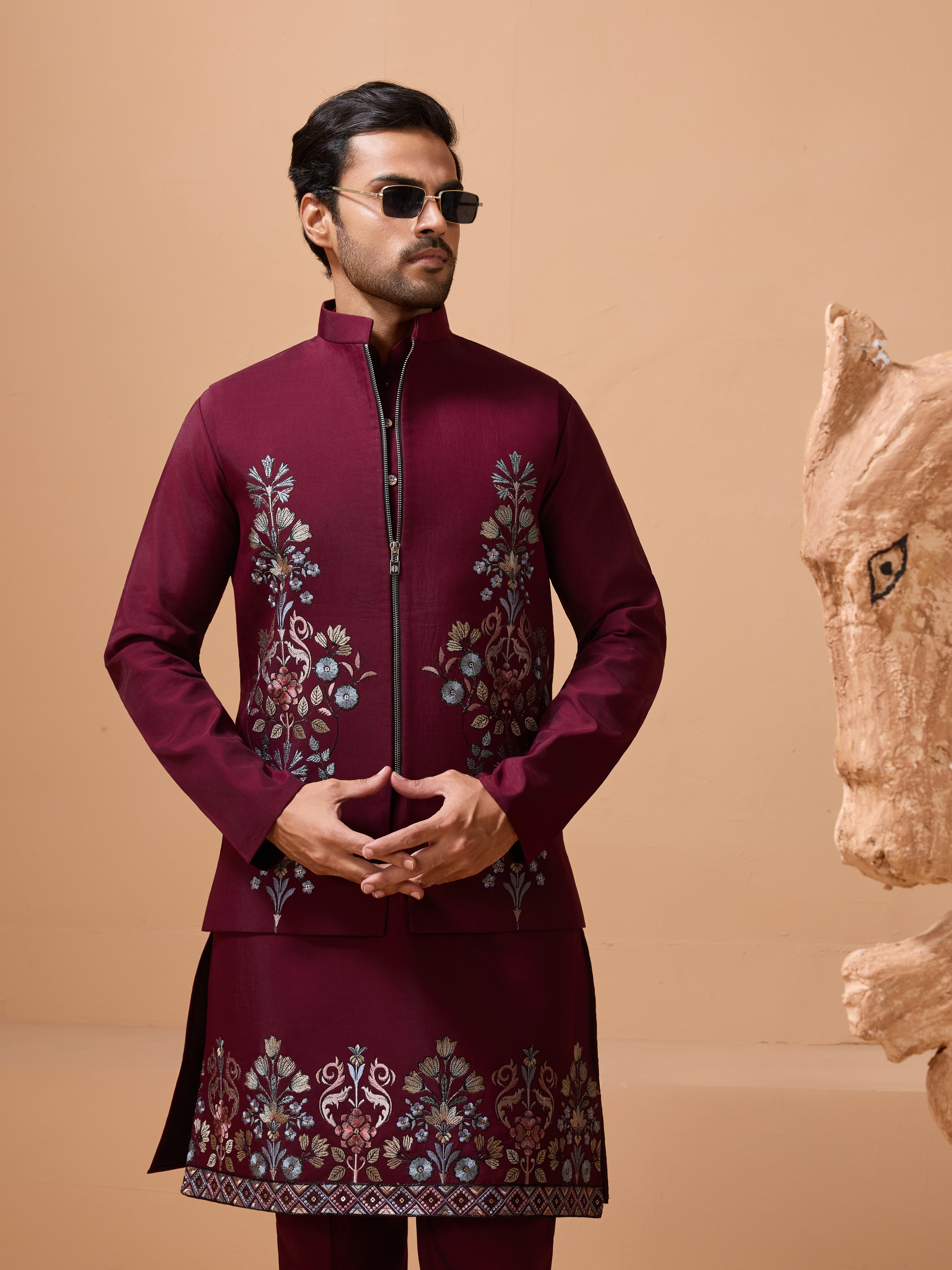 Maroon Color Traditional Special Koti Kurta Set for Men's Wear

