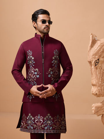 Maroon Color Traditional Special Koti Kurta Set for Men's Wear

