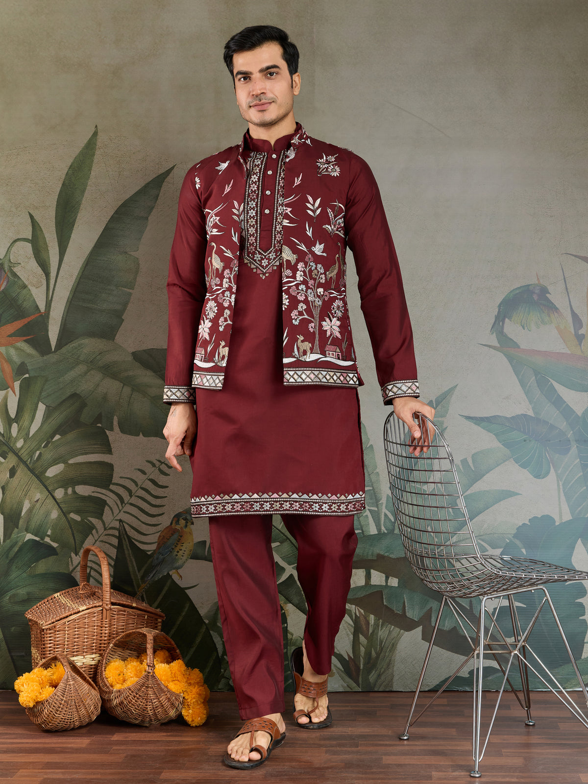Wedding Special Maroon Kurta Pajama with Open Koti for Men