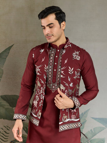 Wedding Special Maroon Kurta Pajama with Open Koti for Men