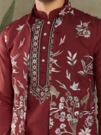 Wedding Special Maroon Kurta Pajama with Open Koti for Men