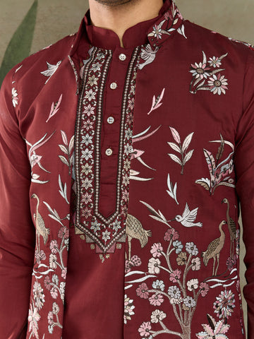 Wedding Special Maroon Kurta Pajama with Open Koti for Men