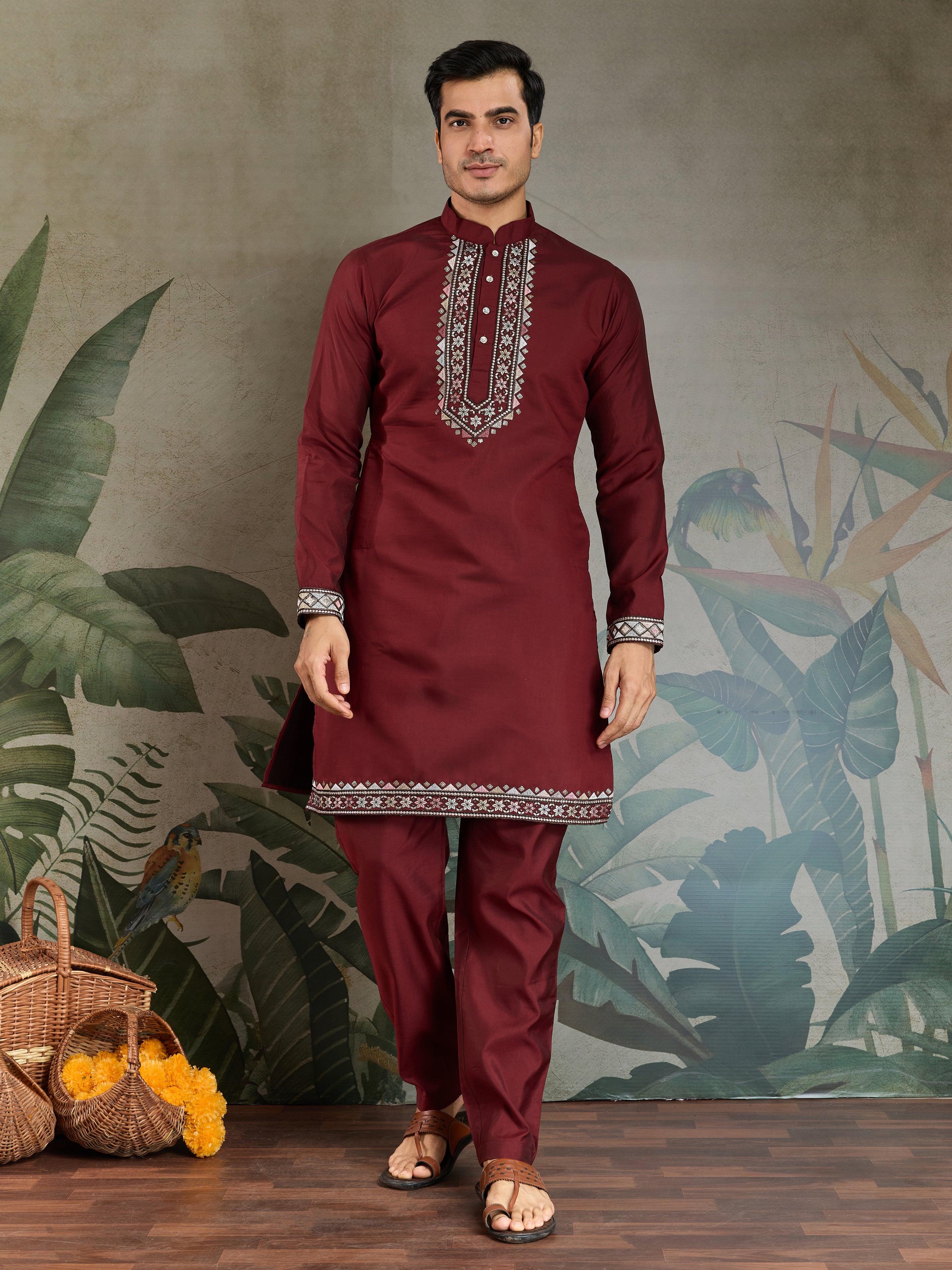 Wedding Special Maroon Kurta Pajama with Open Koti for Men