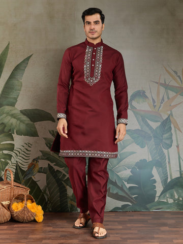 Wedding Special Maroon Kurta Pajama with Open Koti for Men
