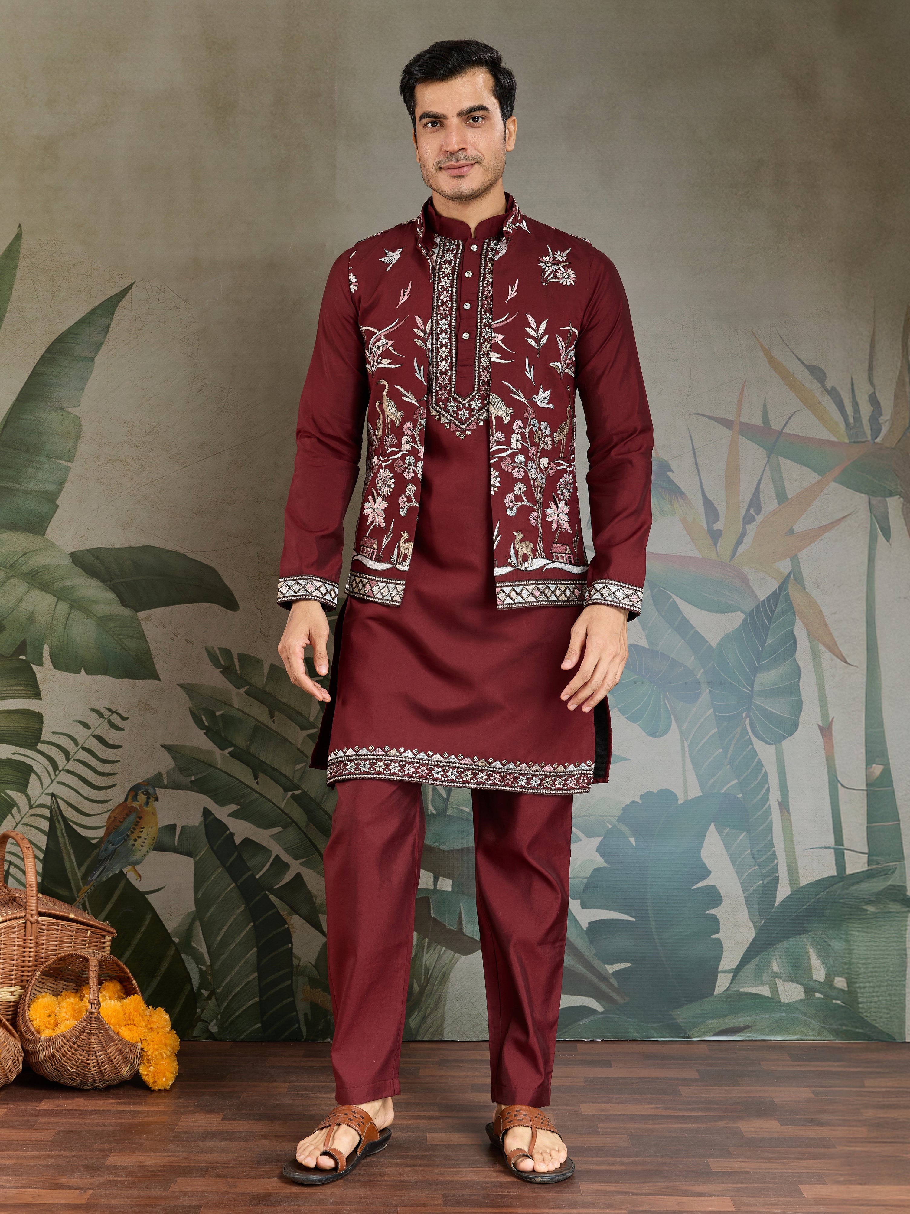 Wedding Special Maroon Kurta Pajama with Open Koti for Men