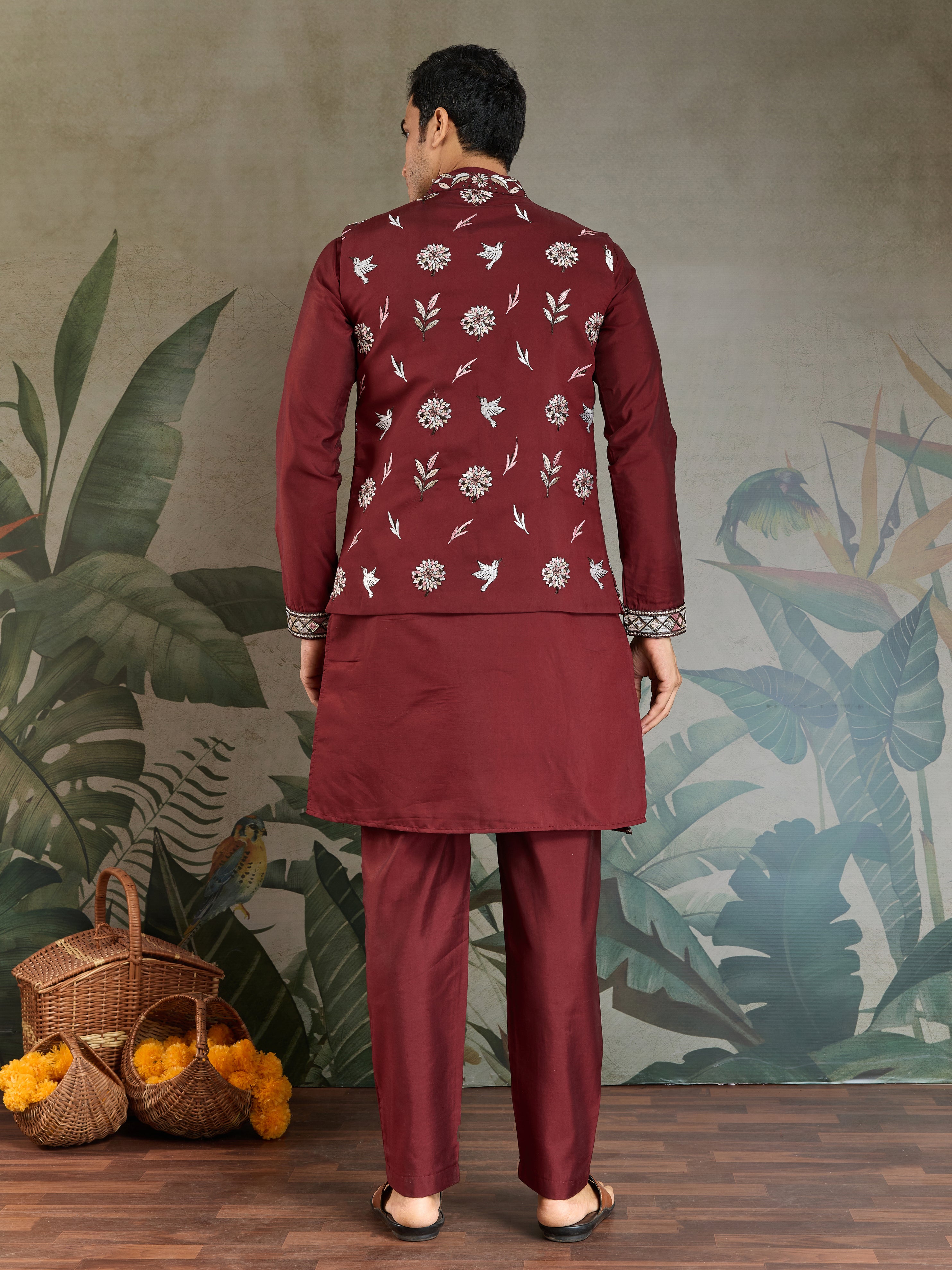 Wedding Special Maroon Kurta Pajama with Open Koti for Men