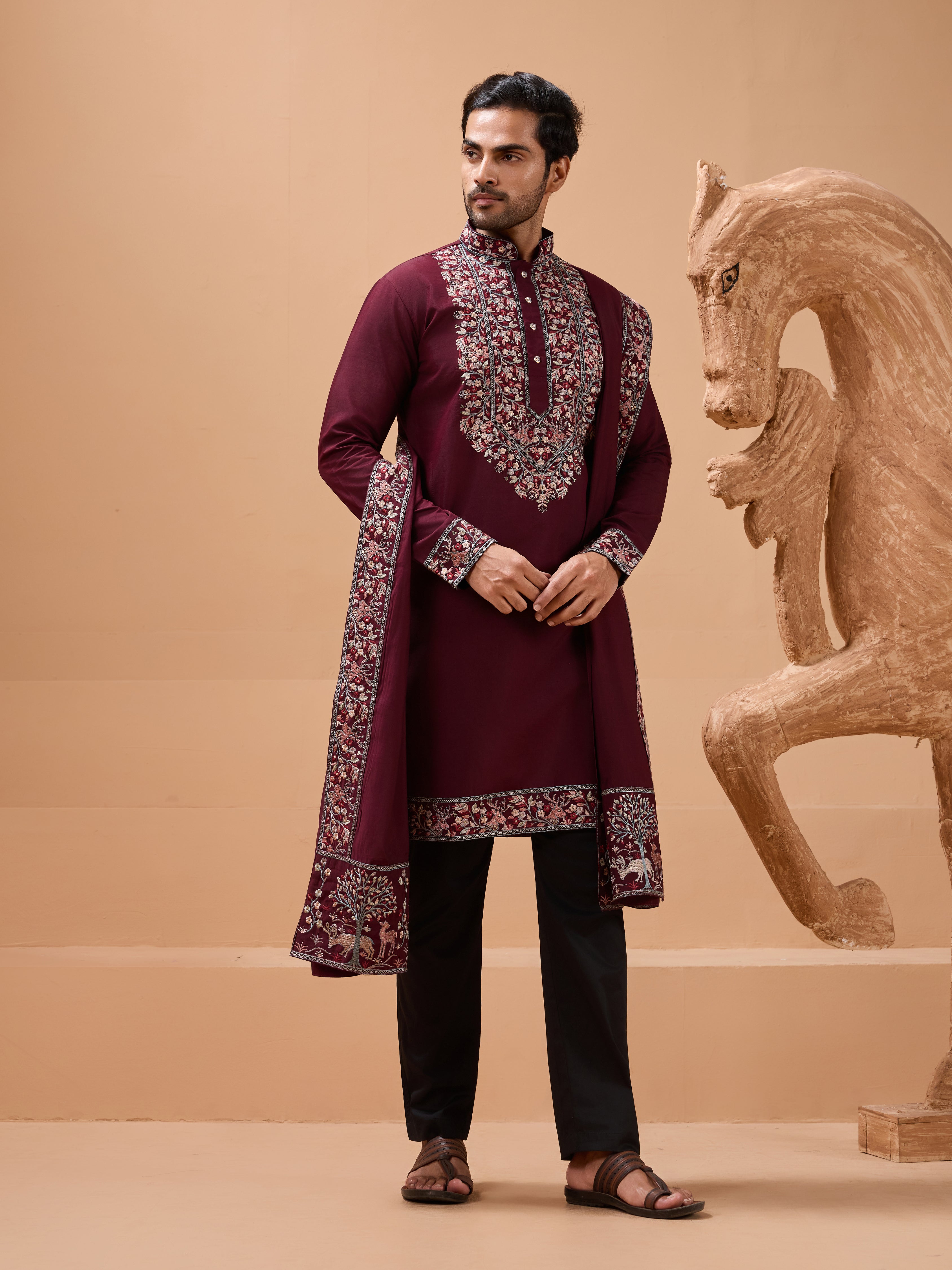 Latest nature Maroon Kurta and Dupatta for Mens Wear
