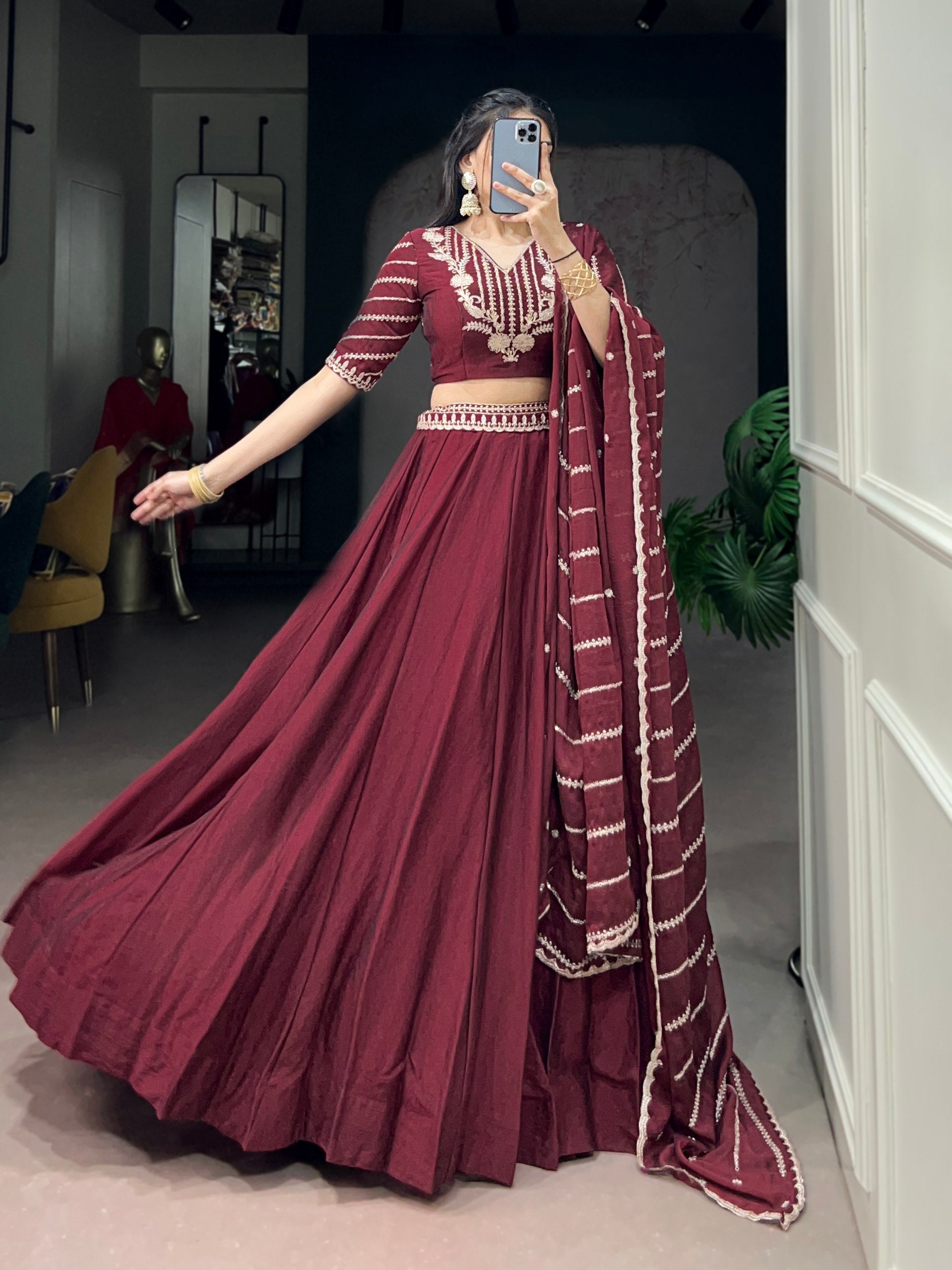 Ethnic Maroon Rangoli Crush Sequins & Thread Work Lehenga Choli
