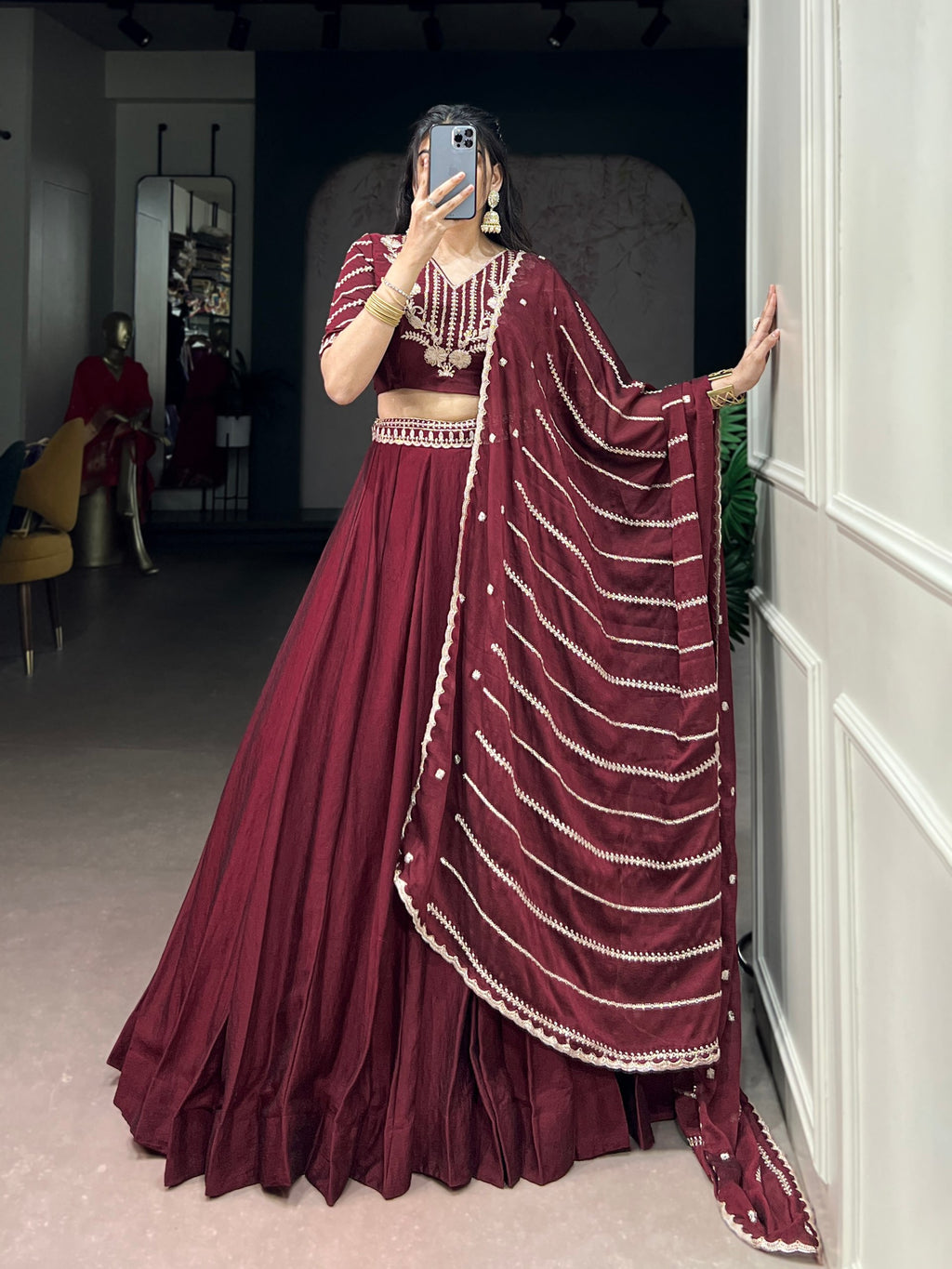 Ethnic Maroon Rangoli Crush Sequins & Thread Work Lehenga Choli
