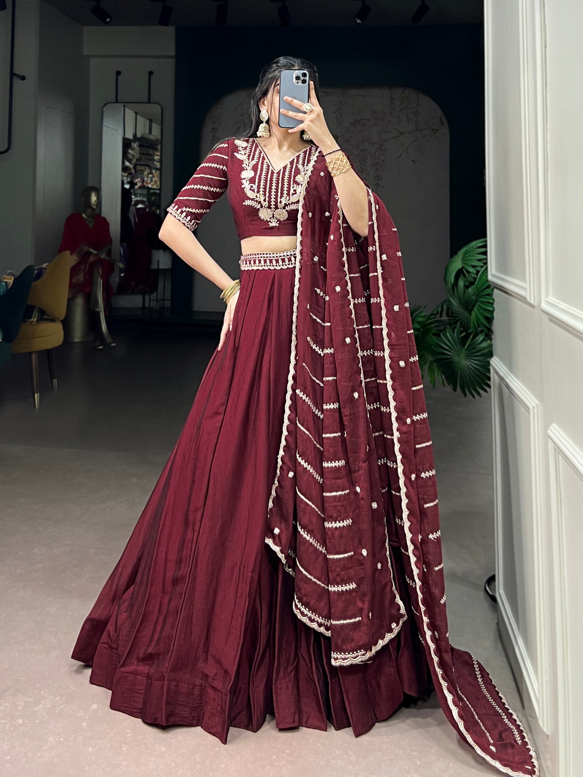 Ethnic Maroon Rangoli Crush Sequins & Thread Work Lehenga Choli
