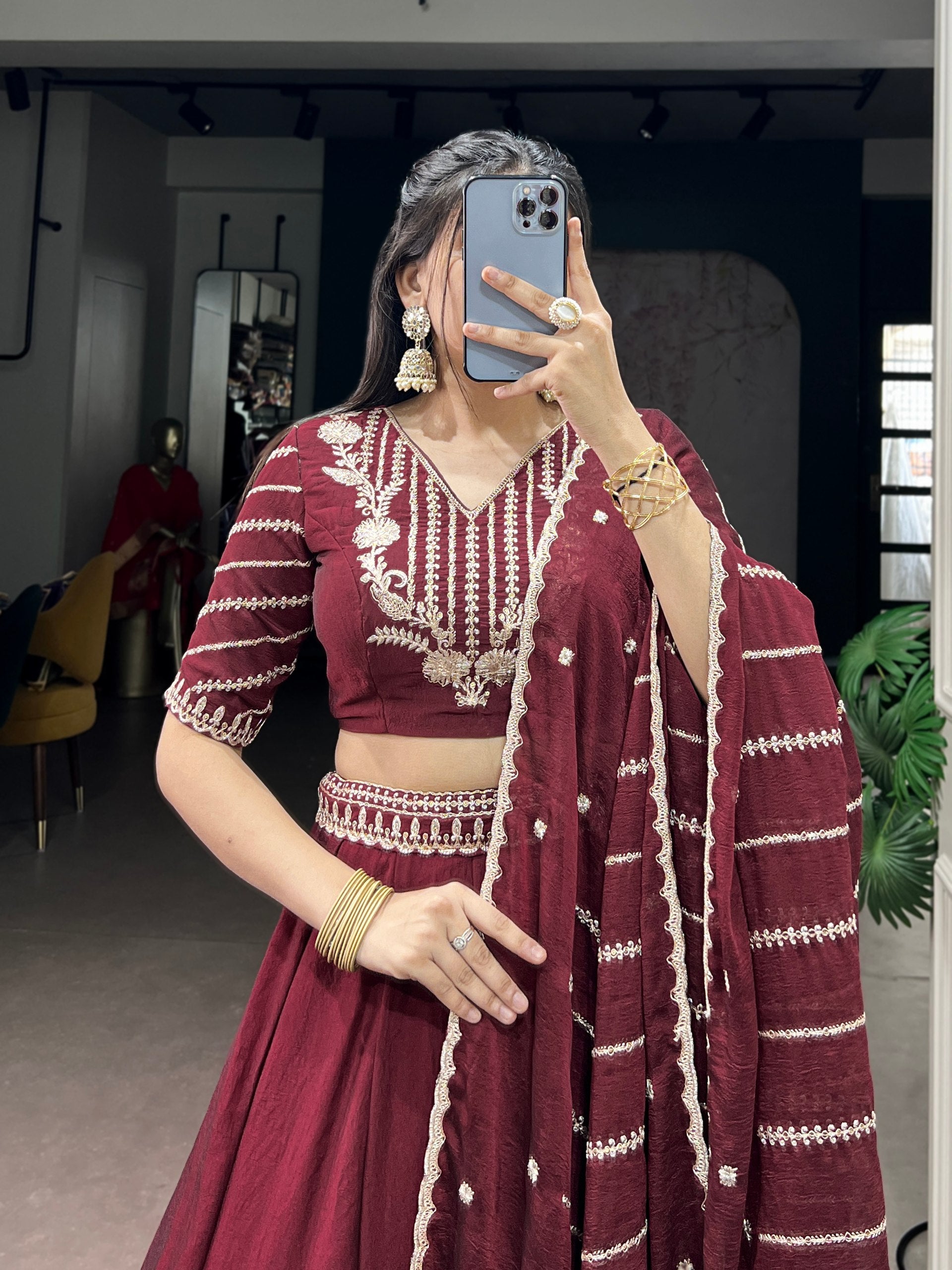 Ethnic Maroon Rangoli Crush Sequins & Thread Work Lehenga Choli
