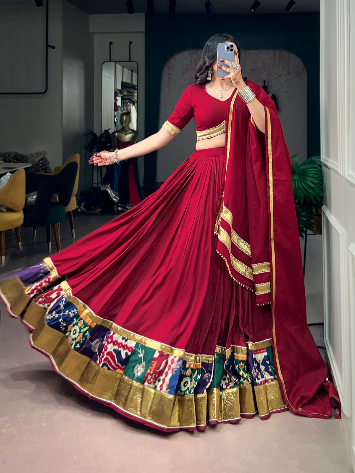 Navratri Maroon Rayon Printed Lehenga Set | Tulip Designer
