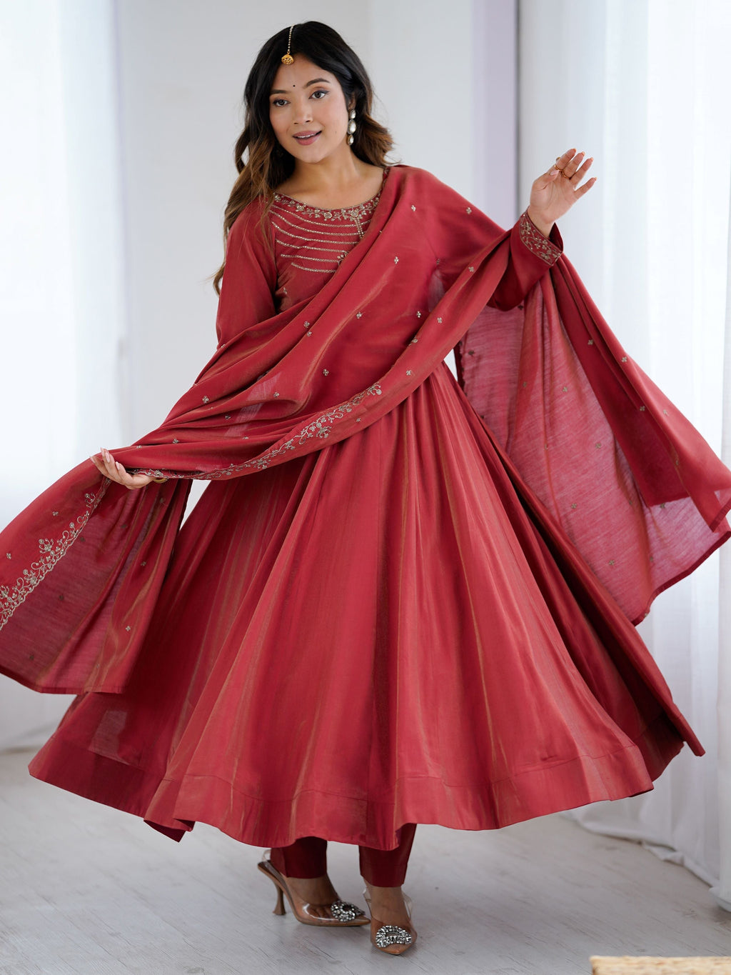 Maroon Roman Shimmer Chanderi Silk Beads Zari Embroidery Anarkali Suit Set