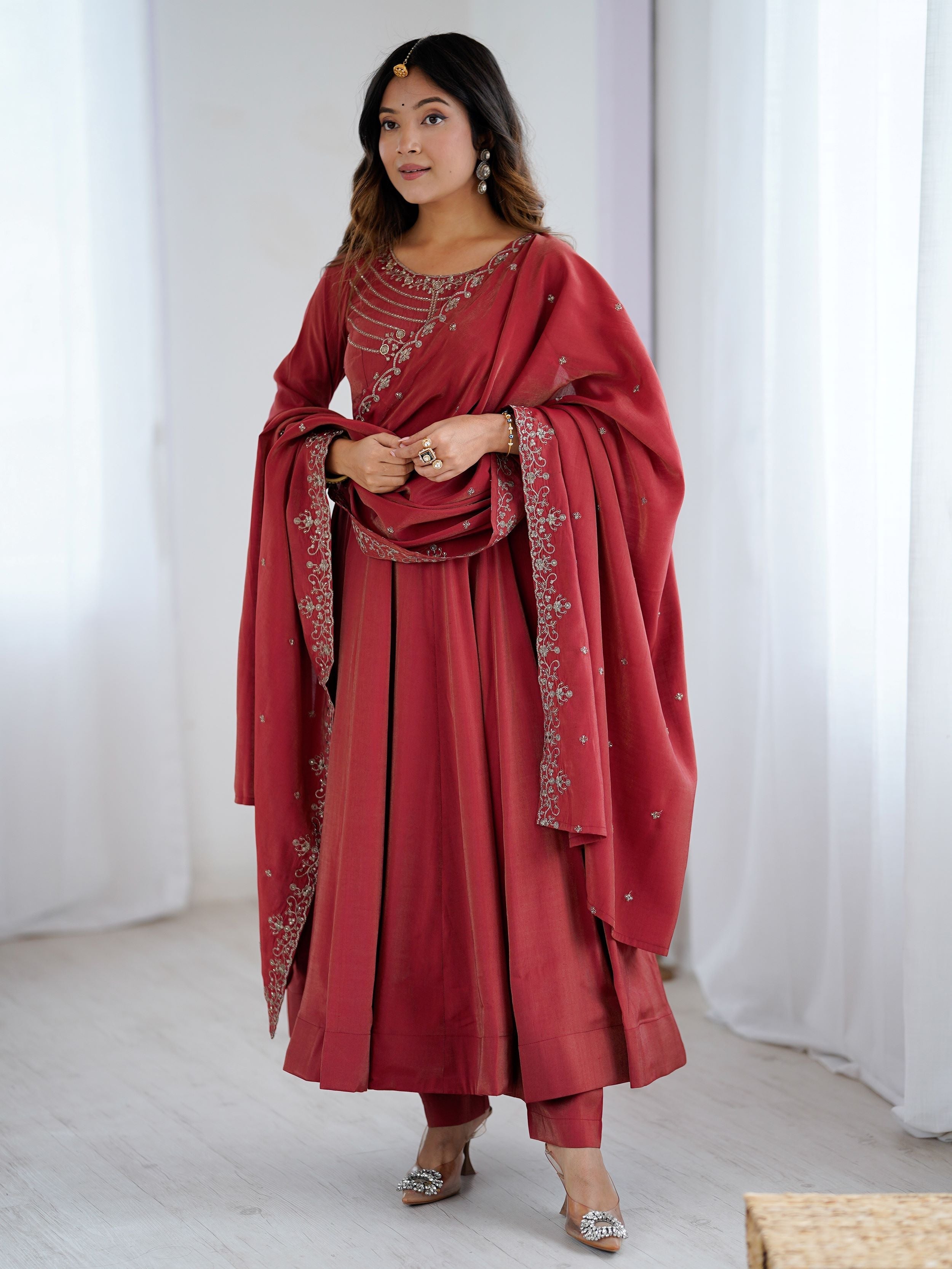Maroon Roman Shimmer Chanderi Silk Beads Zari Embroidery Anarkali Suit Set