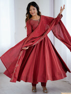 Maroon Roman Shimmer Chanderi Silk Beads Zari Embroidery Anarkali Suit Set