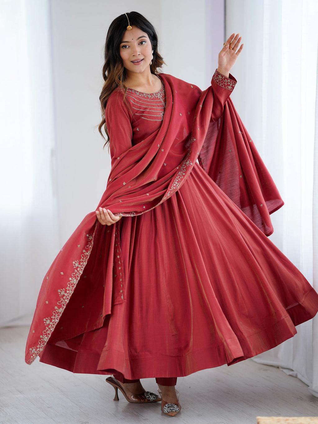 Maroon Roman Shimmer Chanderi Silk Beads Zari Embroidery Anarkali Suit Set
