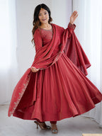 Maroon Roman Shimmer Chanderi Silk Beads Zari Embroidery Anarkali Suit Set