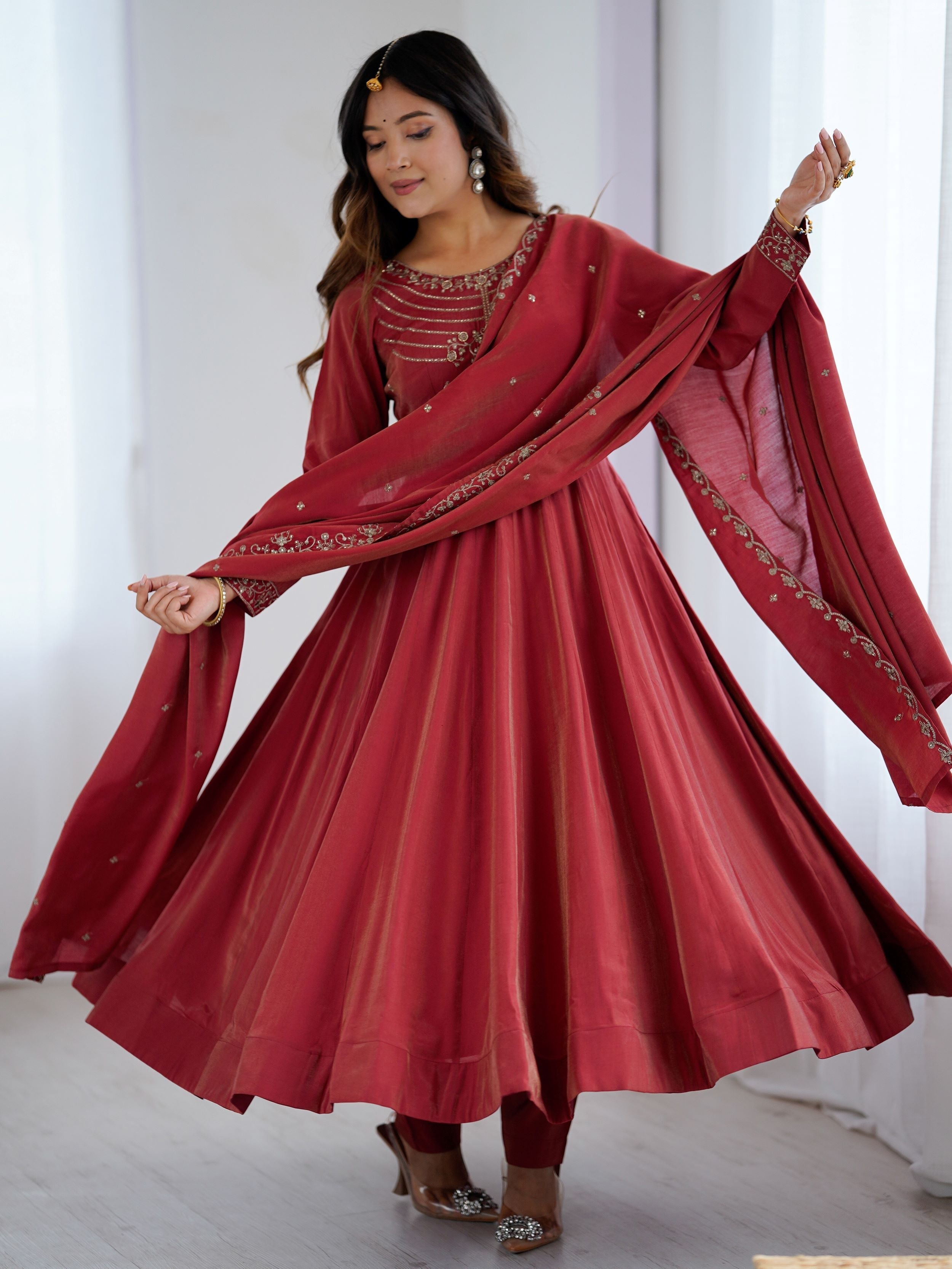Maroon Roman Shimmer Chanderi Silk Beads Zari Embroidery Anarkali Suit Set