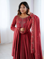 Maroon Roman Shimmer Chanderi Silk Beads Zari Embroidery Anarkali Suit Set