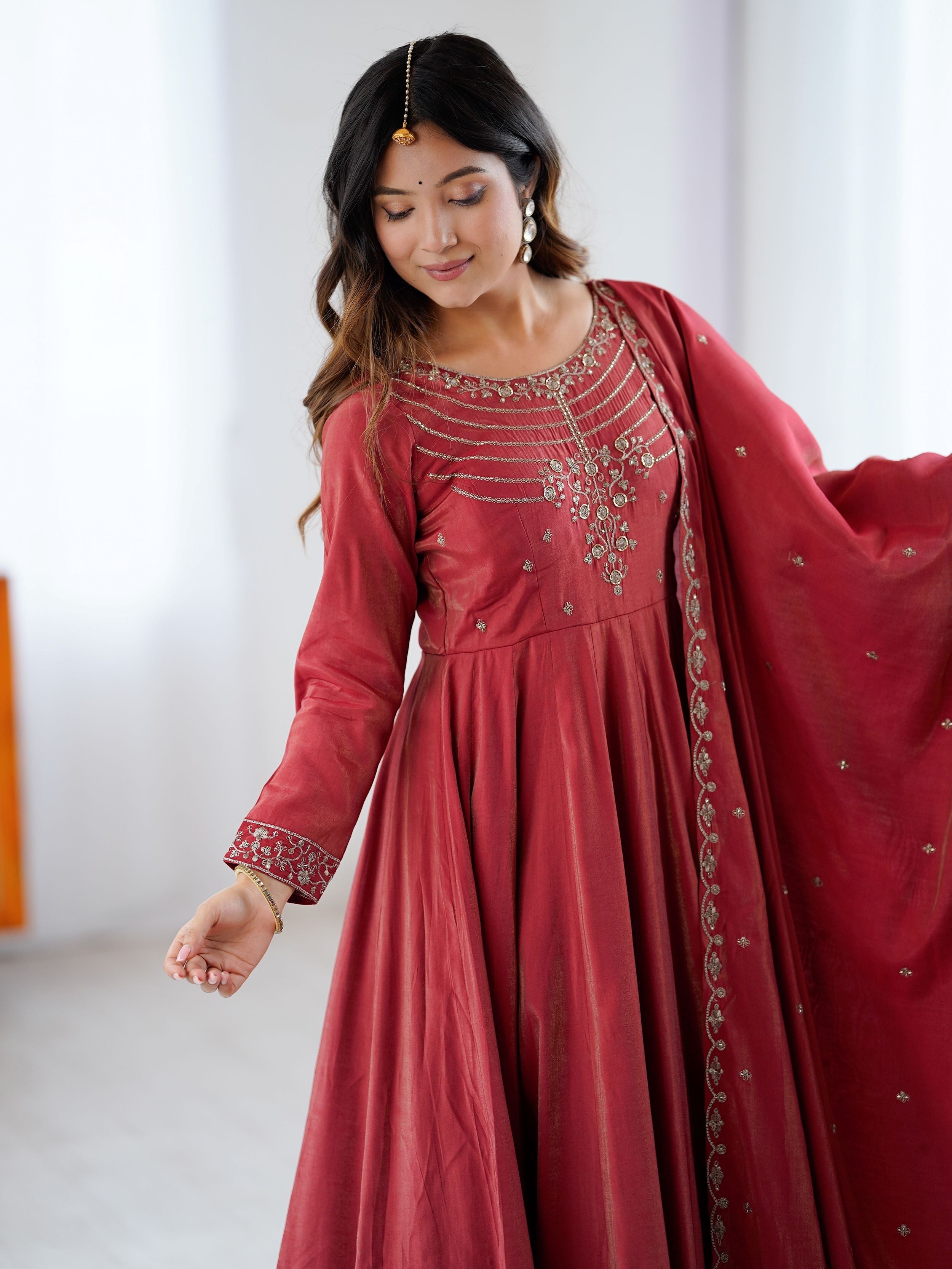 Maroon Roman Shimmer Chanderi Silk Beads Zari Embroidery Anarkali Suit Set