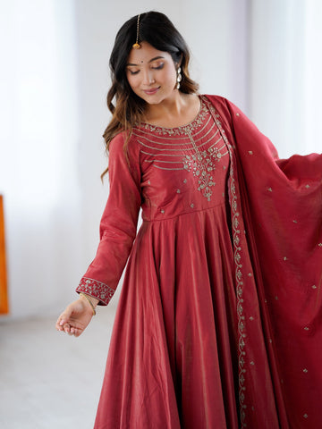 Maroon Roman Shimmer Chanderi Silk Beads Zari Embroidery Anarkali Suit Set