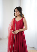 Pure Soft Roman Silk Chanderi Fabric Anarkali Suit Comes With Duppatta & Pant - Maroon
