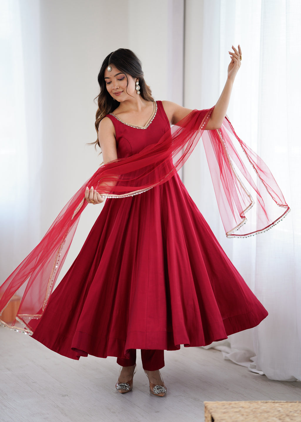 
Pure Soft Roman Silk Chanderi Fabric Anarkali Suit Comes With Duppatta & Pant - Maroon