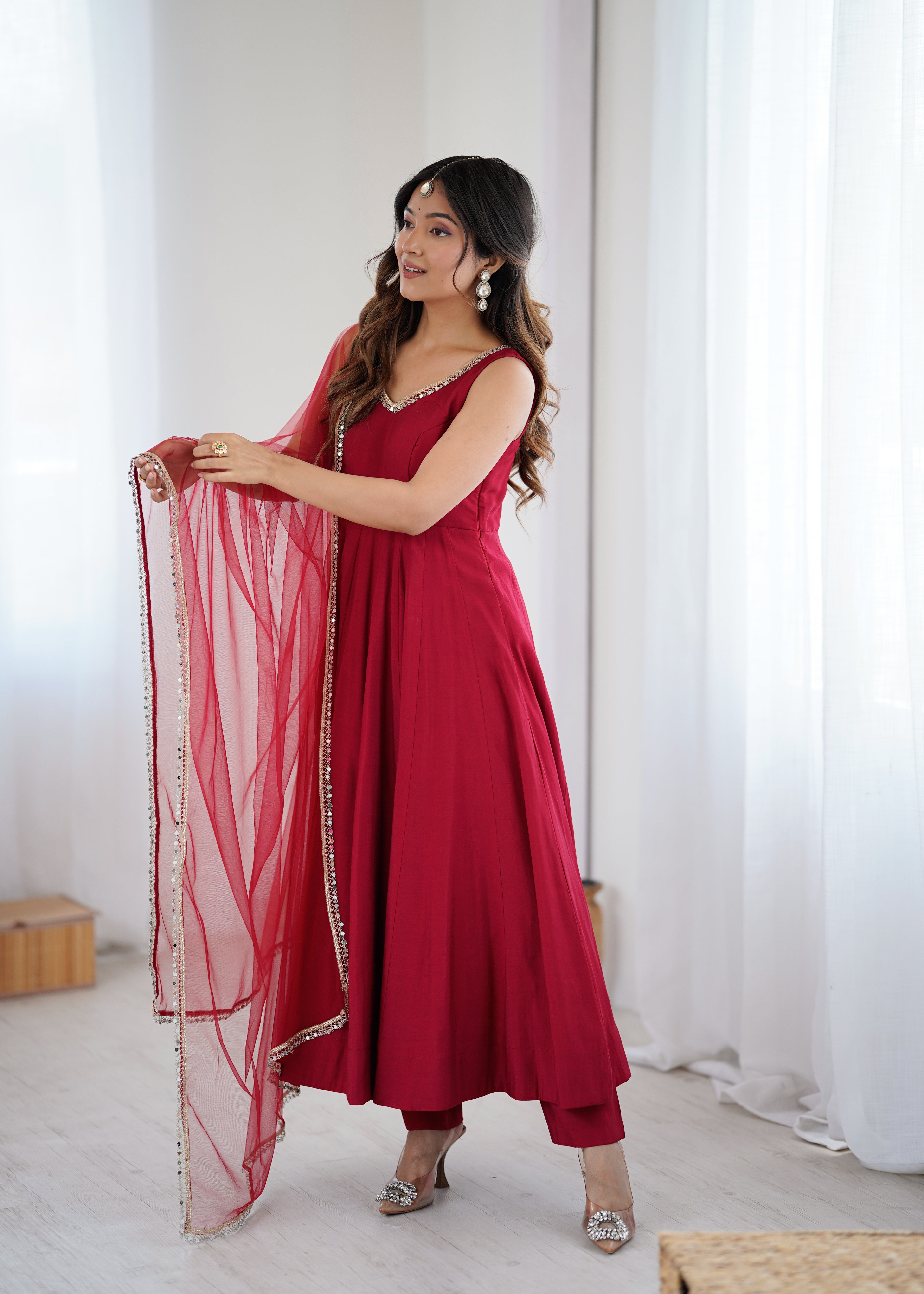 Pure Soft Roman Silk Chanderi Fabric Anarkali Suit Comes With Duppatta & Pant - Maroon