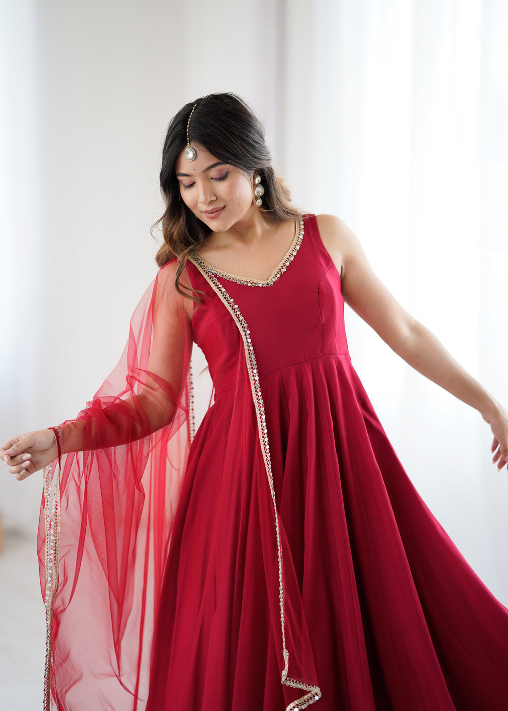 Pure Soft Roman Silk Chanderi Fabric Anarkali Suit Comes With Duppatta & Pant - Maroon
