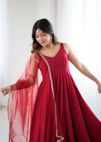 Pure Soft Roman Silk Chanderi Fabric Anarkali Suit Comes With Duppatta & Pant - Maroon