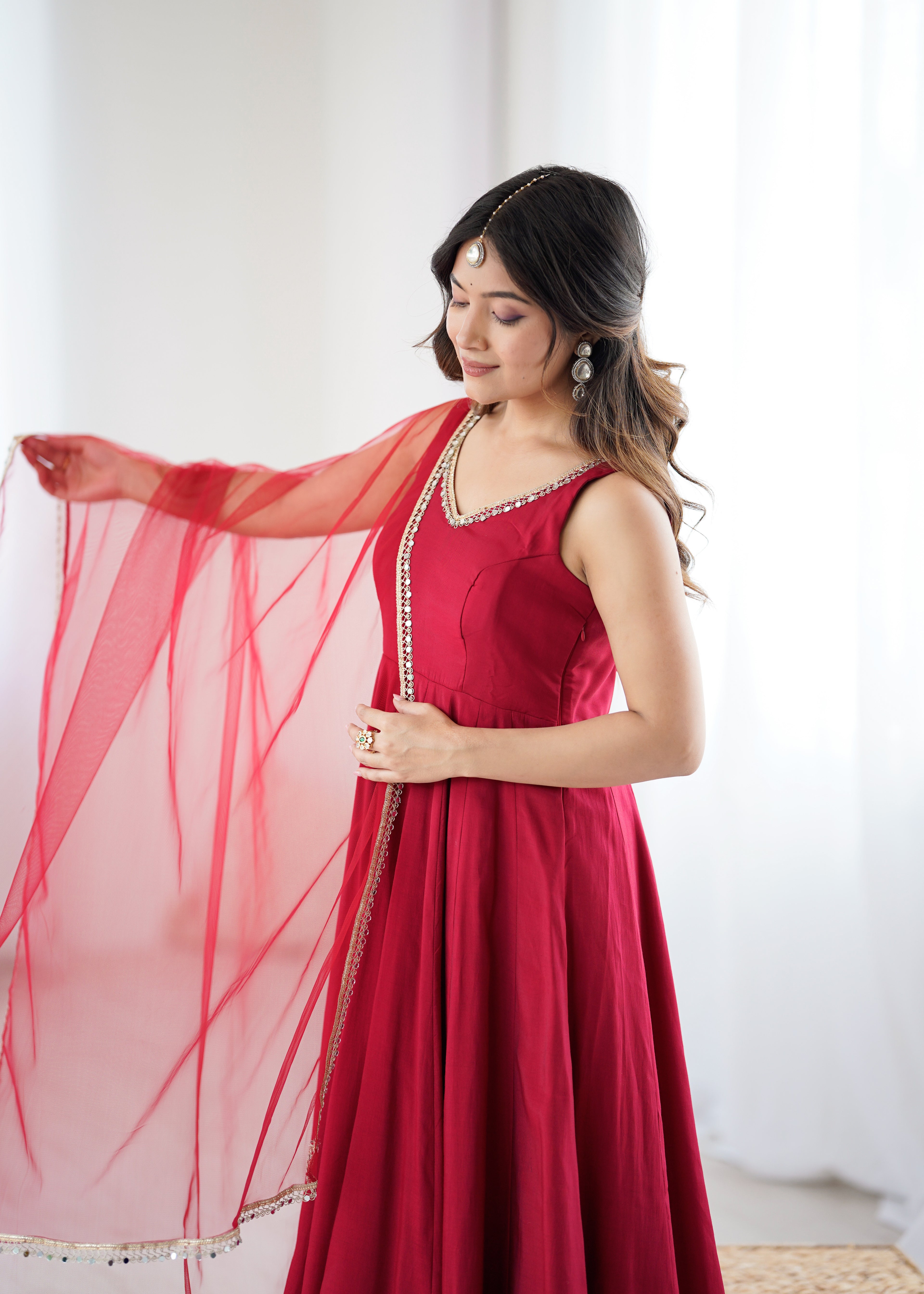 Pure Soft Roman Silk Chanderi Fabric Anarkali Suit Comes With Duppatta & Pant - Maroon