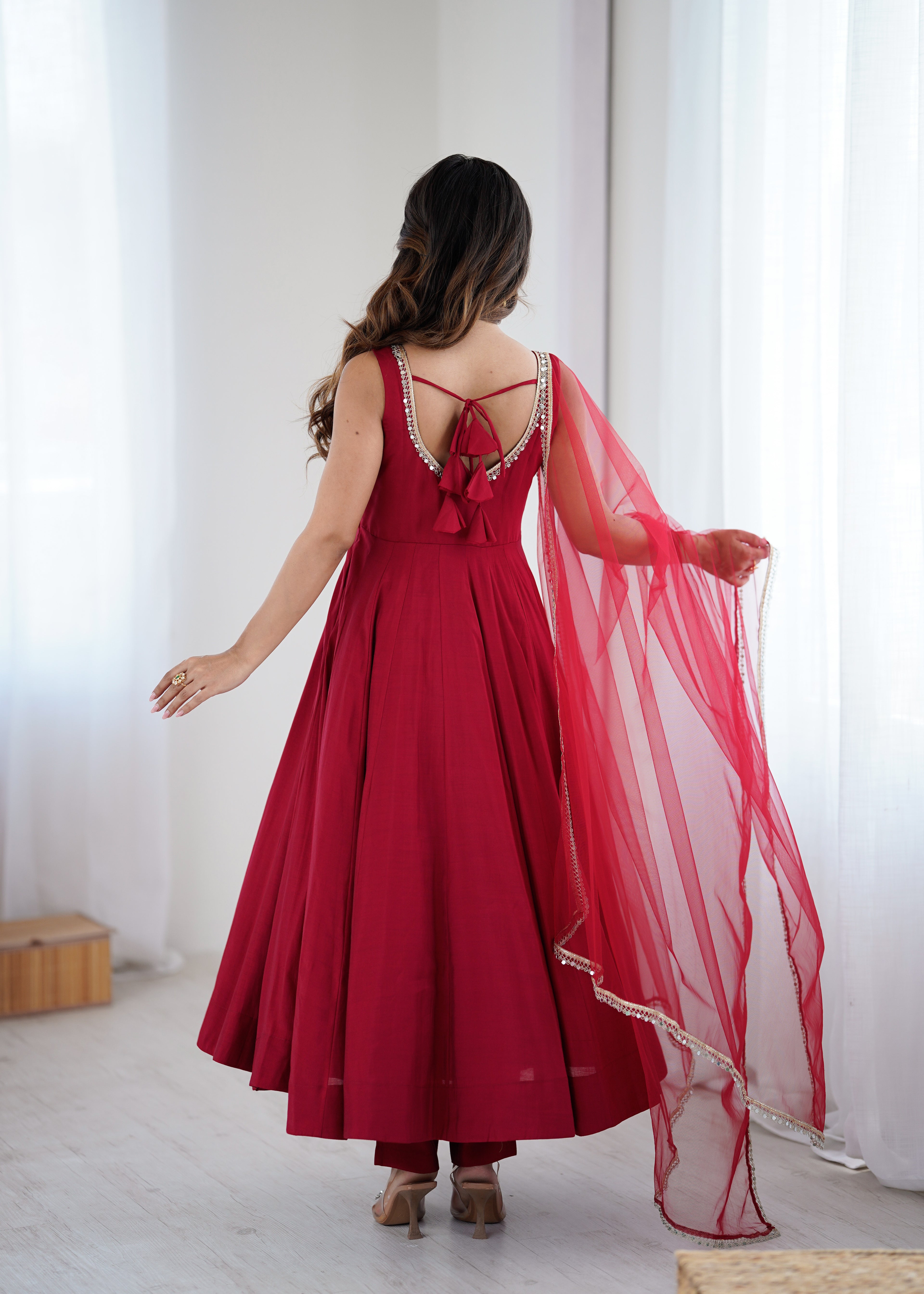Pure Soft Roman Silk Chanderi Fabric Anarkali Suit Comes With Duppatta & Pant - Maroon