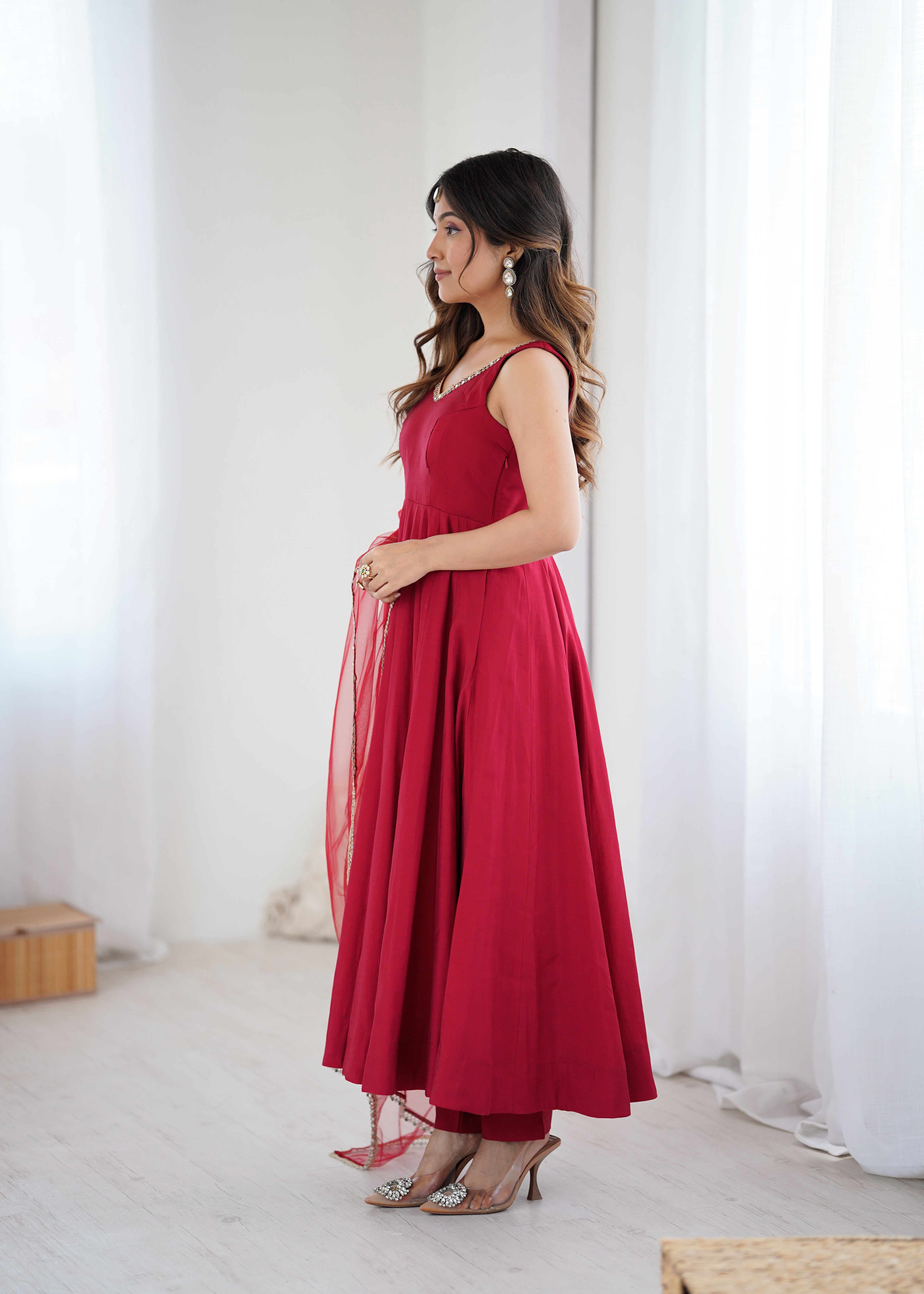 Pure Soft Roman Silk Chanderi Fabric Anarkali Suit Comes With Duppatta & Pant - Maroon