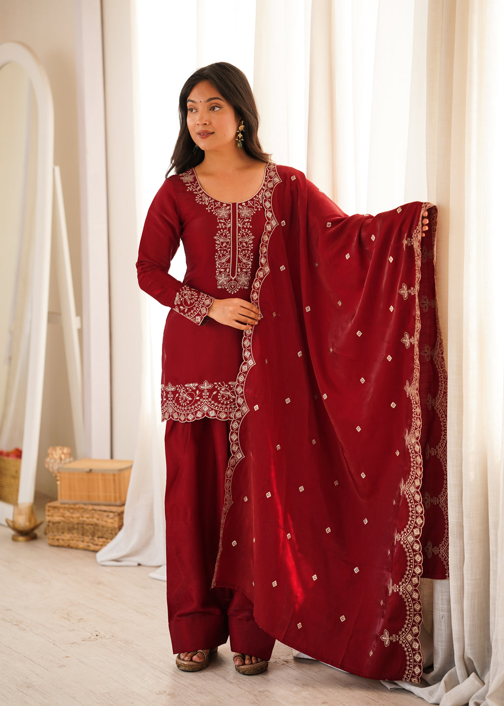 Party Wear Maroon Roman Silk Front Yoke Work Kurta with Farshi Shalwar
