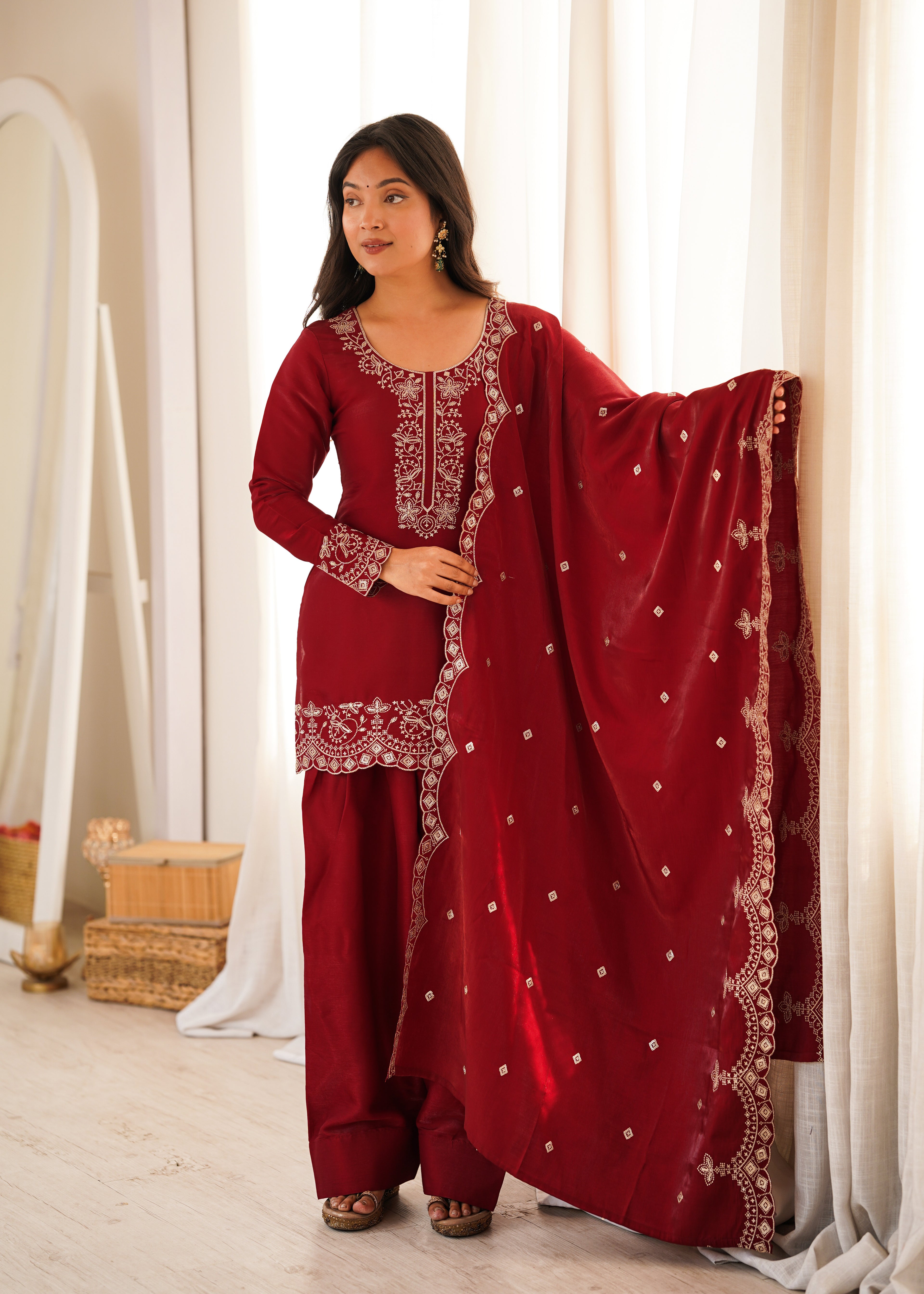 Party Wear Maroon Roman Silk Front Yoke Work Kurta with Farshi Shalwar
