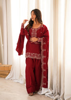 Party Wear Maroon Roman Silk Front Yoke Work Kurta with Farshi Shalwar
