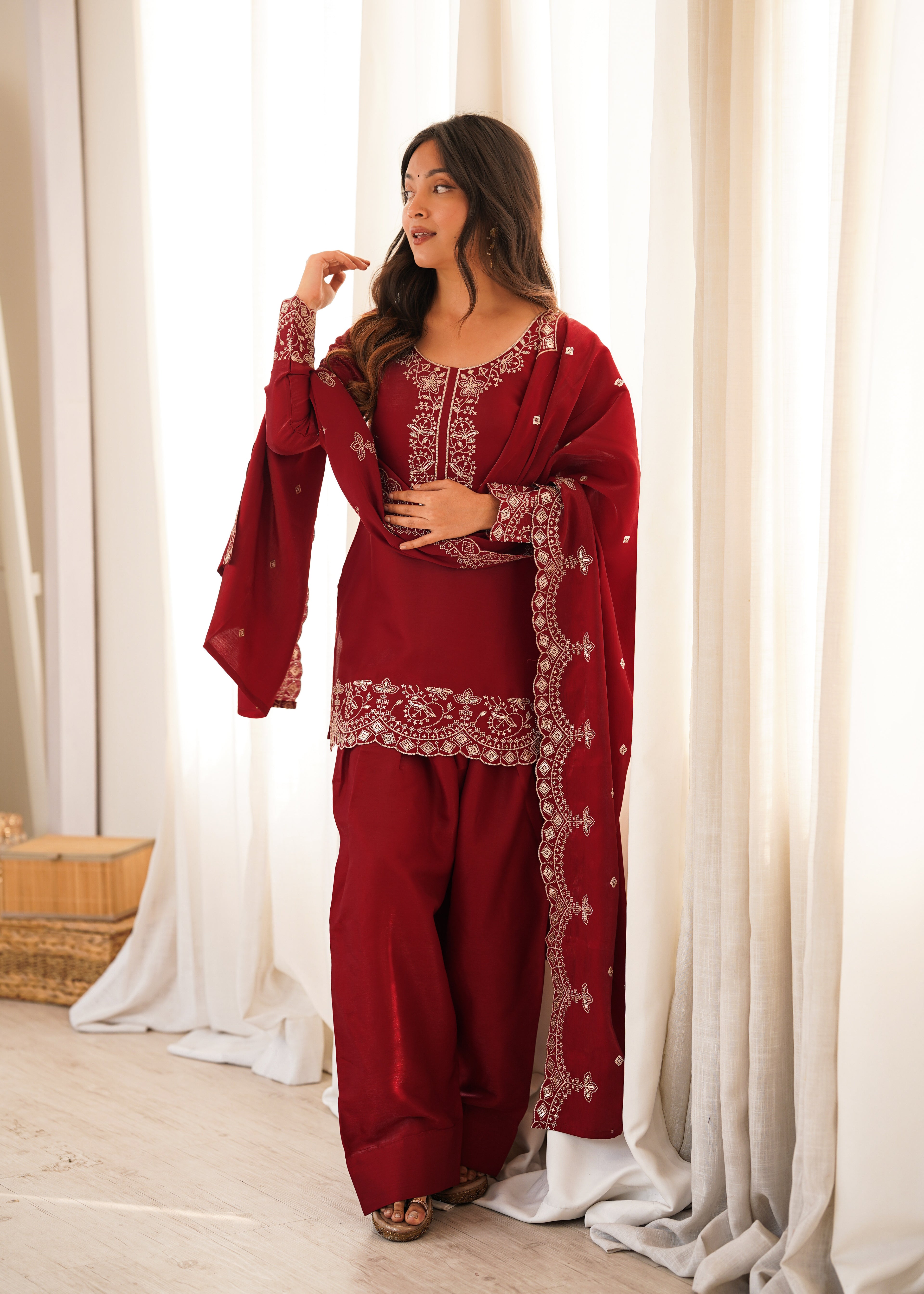 Party Wear Maroon Roman Silk Front Yoke Work Kurta with Farshi Shalwar
