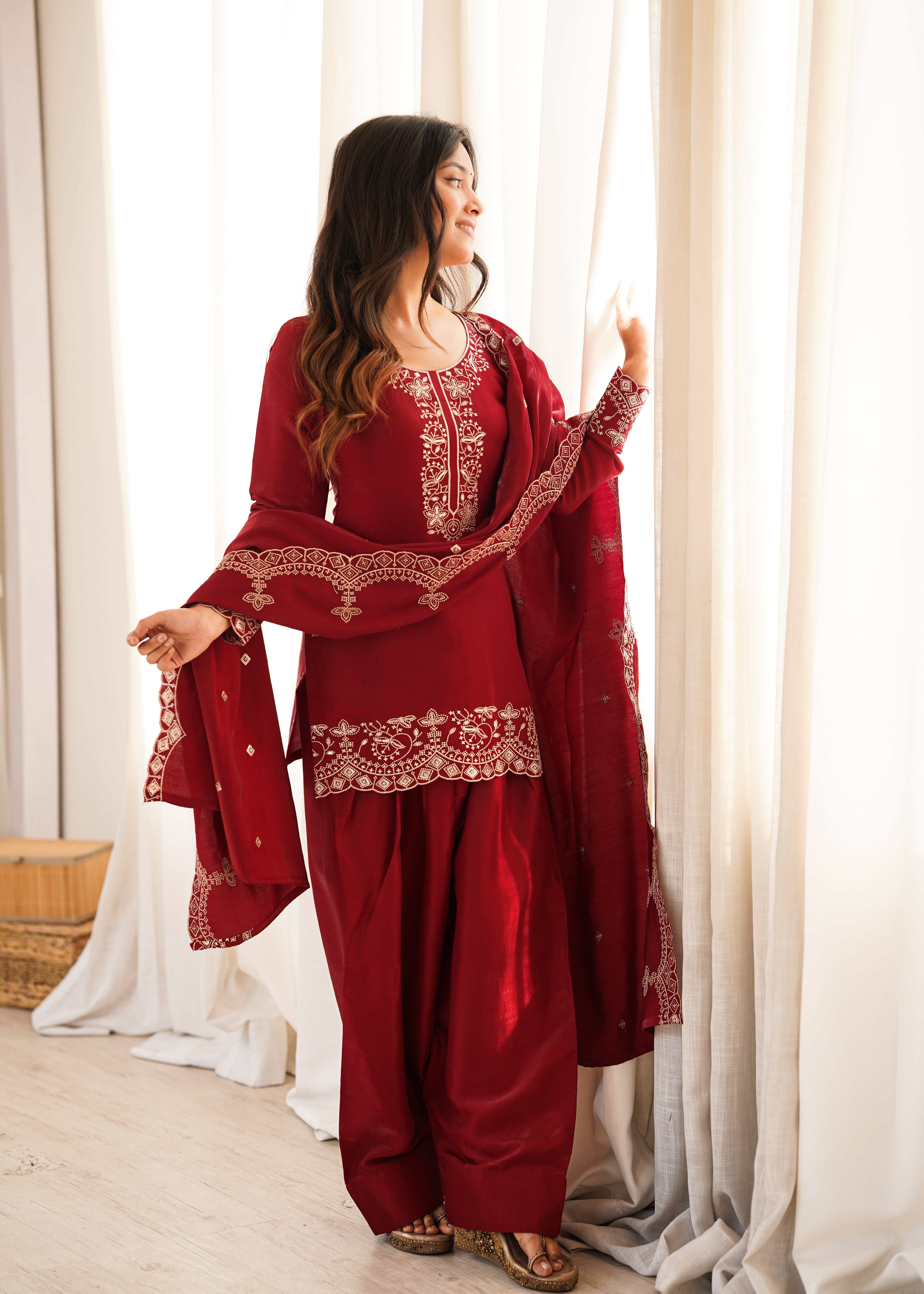 Party Wear Maroon Roman Silk Front Yoke Work Kurta with Farshi Shalwar
