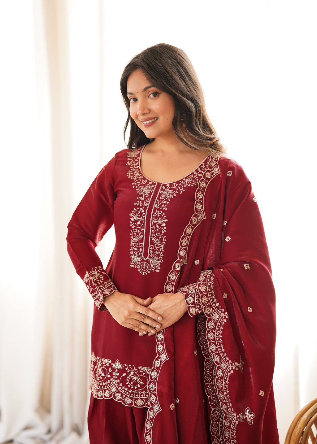 Party Wear Maroon Roman Silk Front Yoke Work Kurta with Farshi Shalwar
