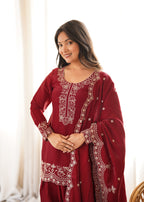 Party Wear Maroon Roman Silk Front Yoke Work Kurta with Farshi Shalwar
