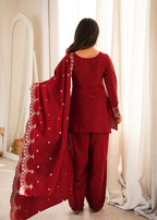 Party Wear Maroon Roman Silk Front Yoke Work Kurta with Farshi Shalwar
