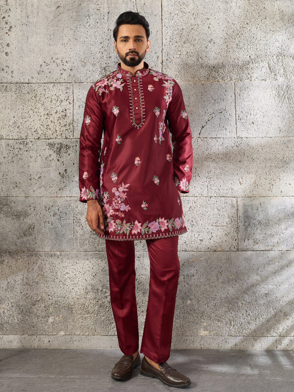 Royal Maroon Silk Thread Embroidered Kurta Set
