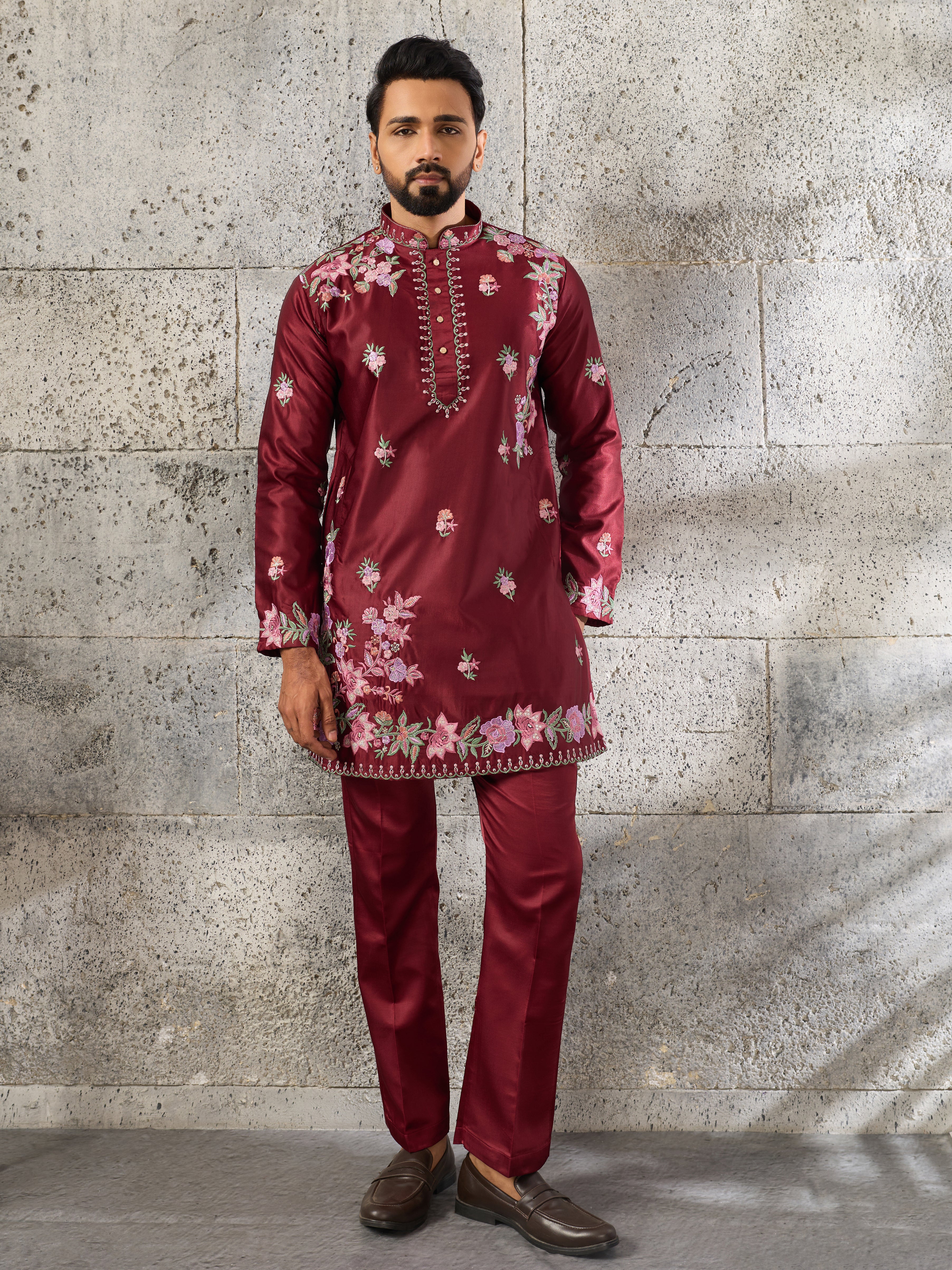 Royal Maroon Silk Thread Embroidered Kurta Set
