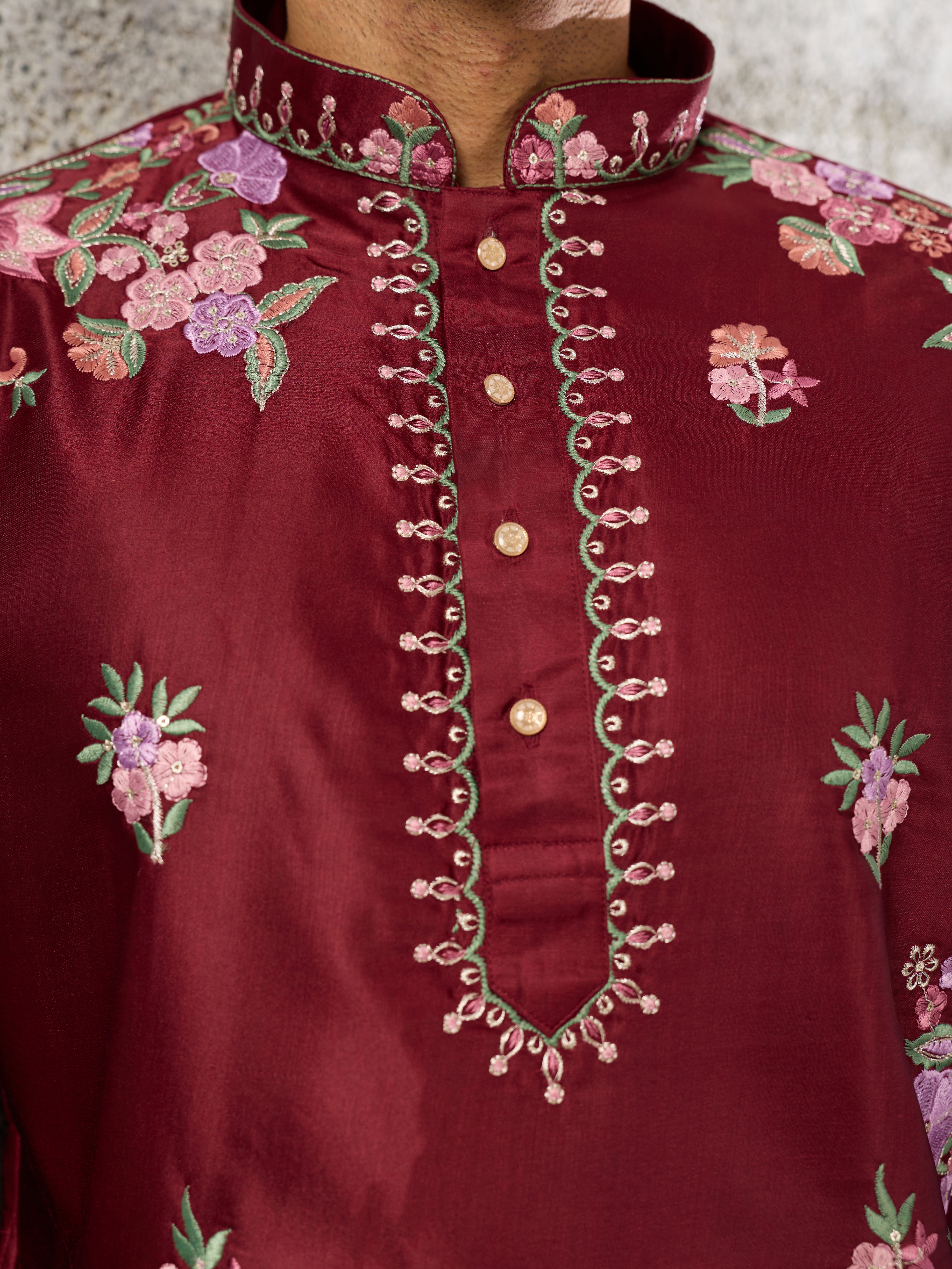Royal Maroon Silk Thread Embroidered Kurta Set
