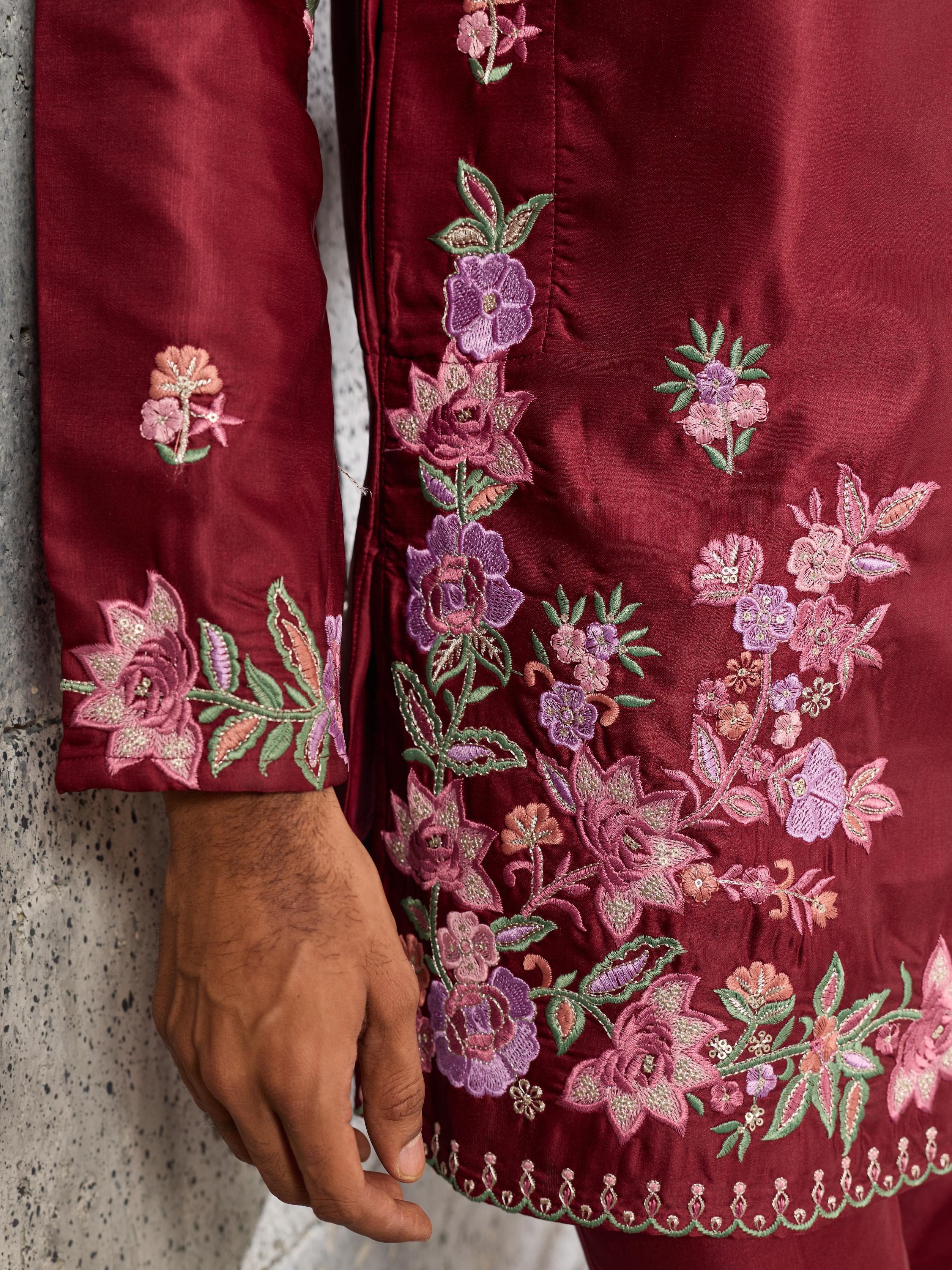 Royal Maroon Silk Thread Embroidered Kurta Set
