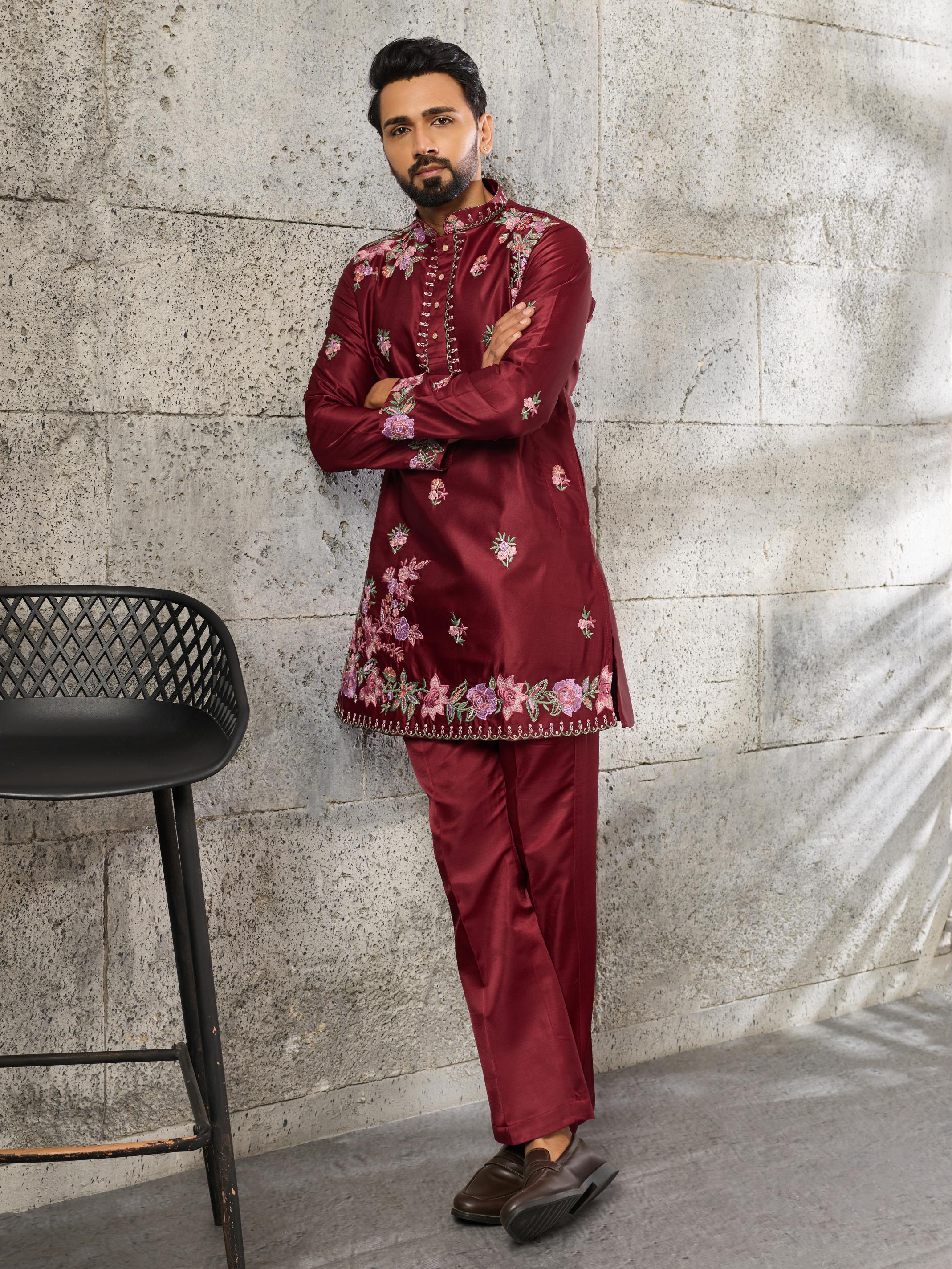 Royal Maroon Silk Thread Embroidered Kurta Set

