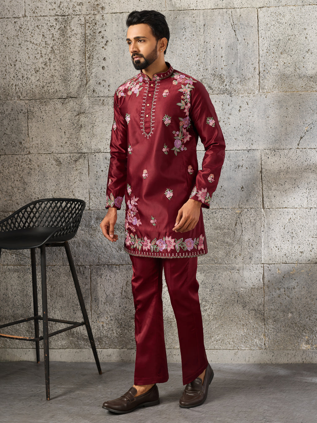 Royal Maroon Silk Thread Embroidered Kurta Set
