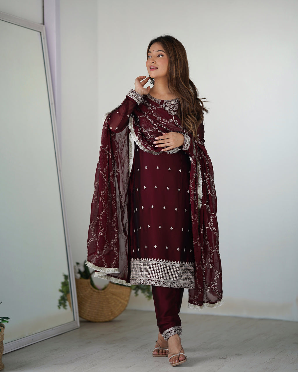 Maroon Pure Silk Straight Kurta Set with Dupatta & Trouser
