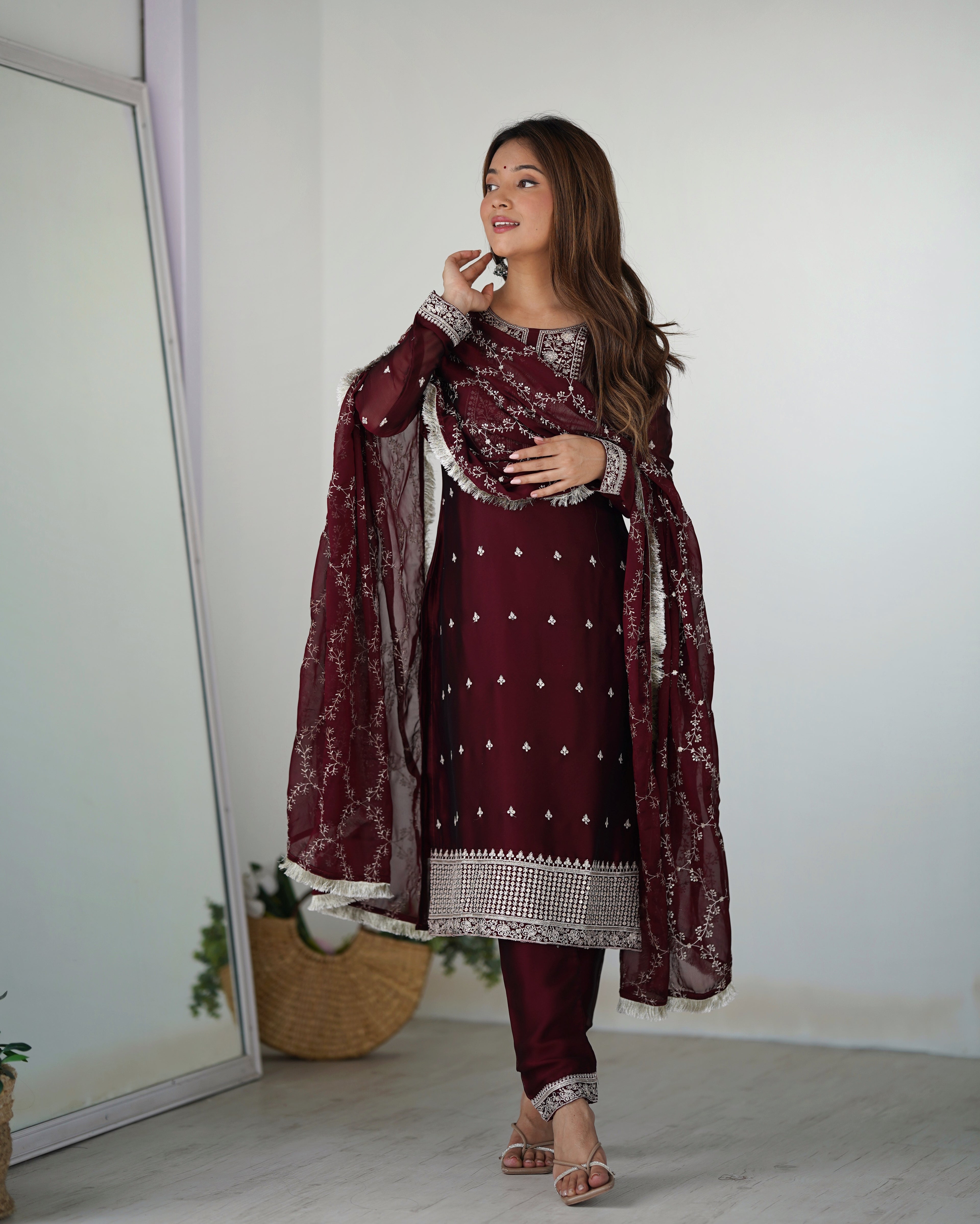 Maroon Pure Silk Straight Kurta Set with Dupatta & Trouser
