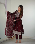 Maroon Pure Silk Straight Kurta Set with Dupatta & Trouser

